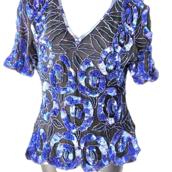 Vintage 1970s Iridescent/Opalescent Bluish Purple Bead Sequin Evening Top, Sz M - Picture 2 of 4